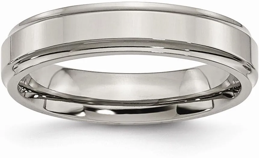 Solid Titanium Ridged Edge 5mm Plain Classic Wedding Band Ring