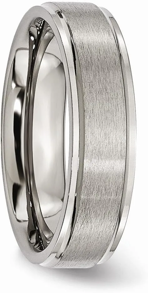 Solid Titanium Ridged Edge 6mm Matte Brushed Finish and Plain Classic Wedding Band Ring