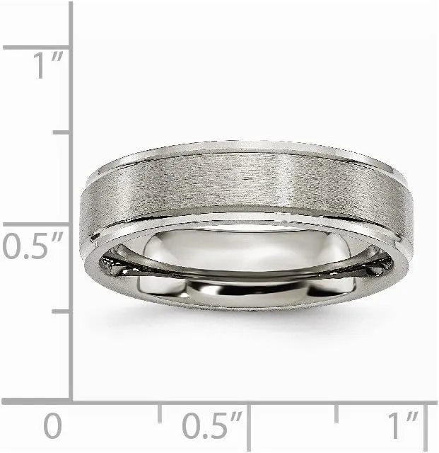 Solid Titanium Ridged Edge 6mm Matte Brushed Finish and Plain Classic Wedding Band Ring
