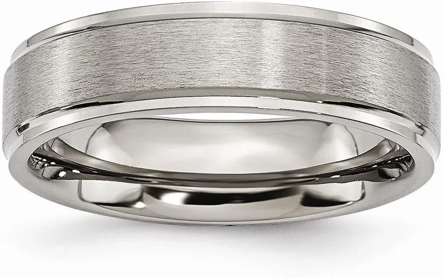 Solid Titanium Ridged Edge 6mm Matte Brushed Finish and Plain Classic Wedding Band Ring