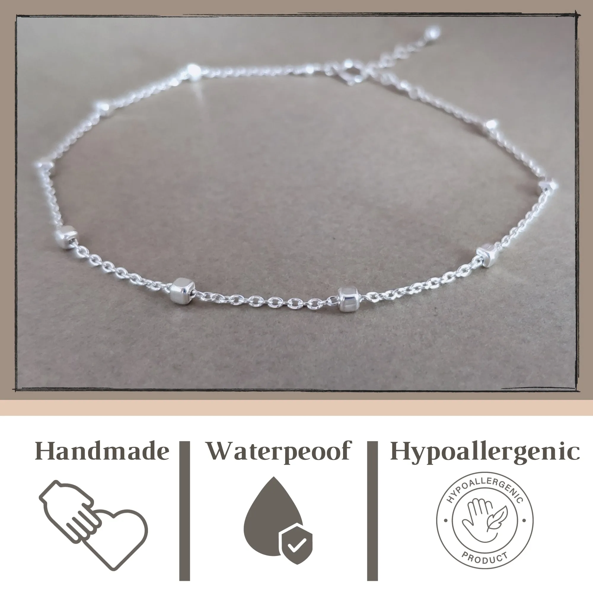 Sterling Silver Satellite Chain Anklet with Tiny Cubes