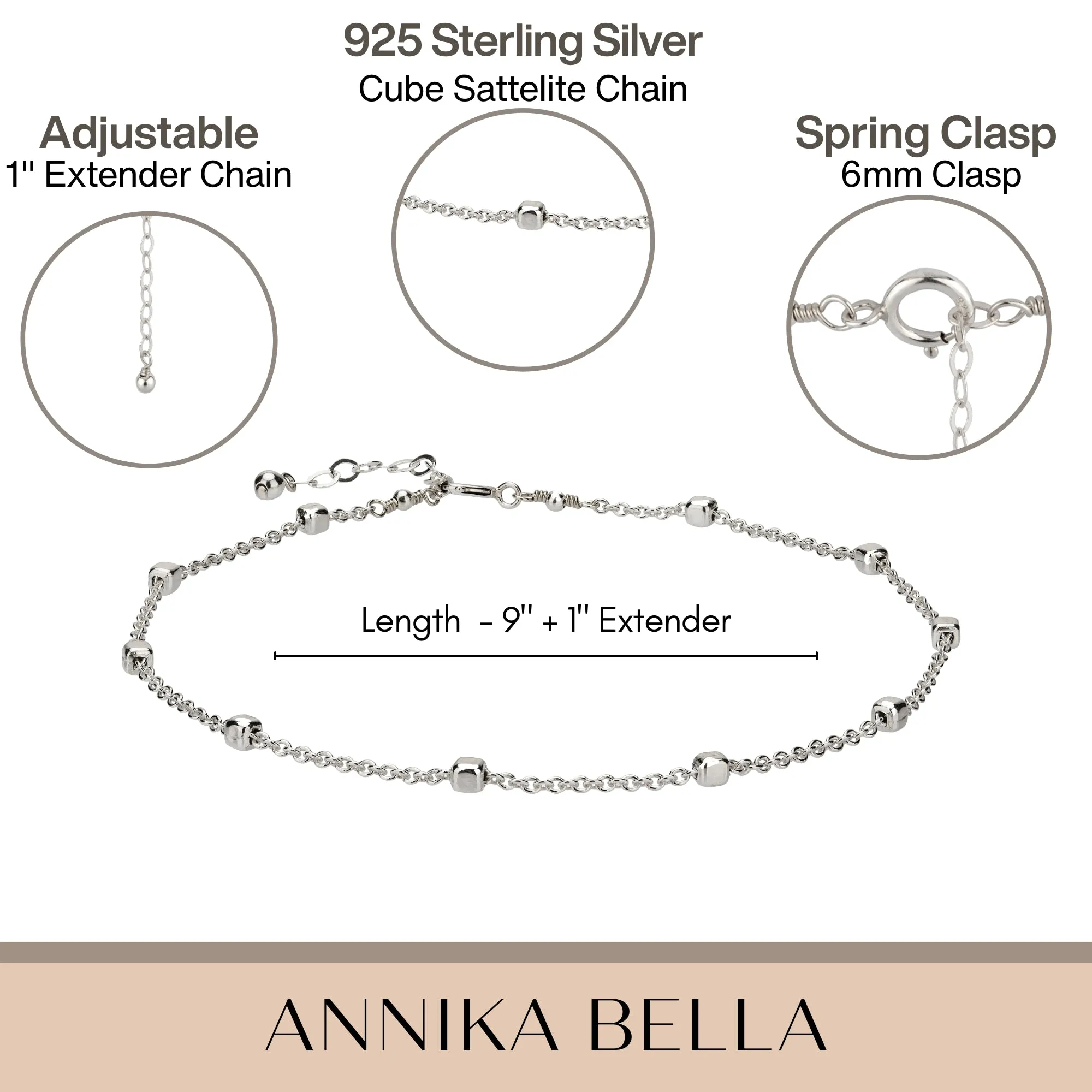 Sterling Silver Satellite Chain Anklet with Tiny Cubes