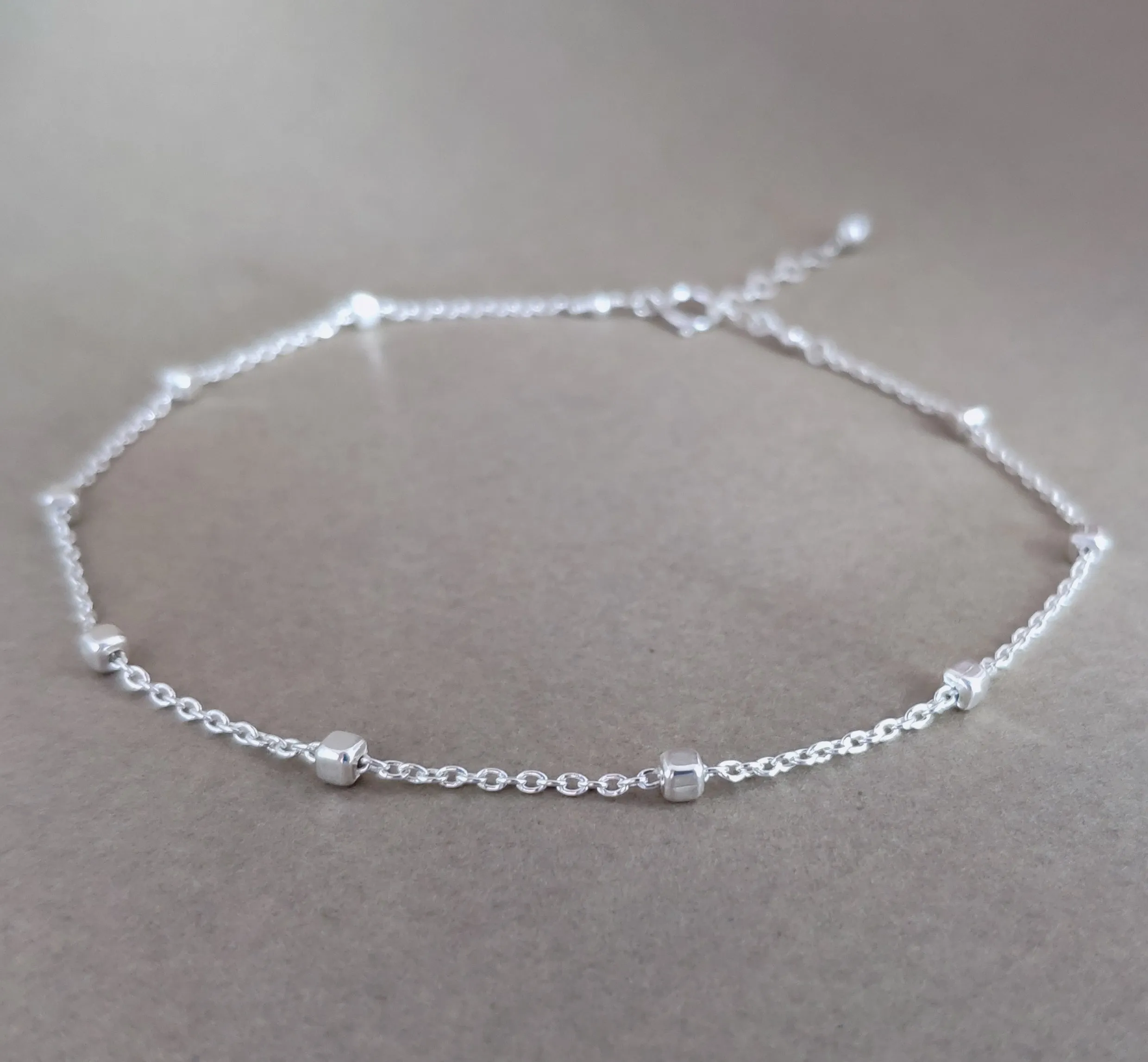 Sterling Silver Satellite Chain Anklet with Tiny Cubes