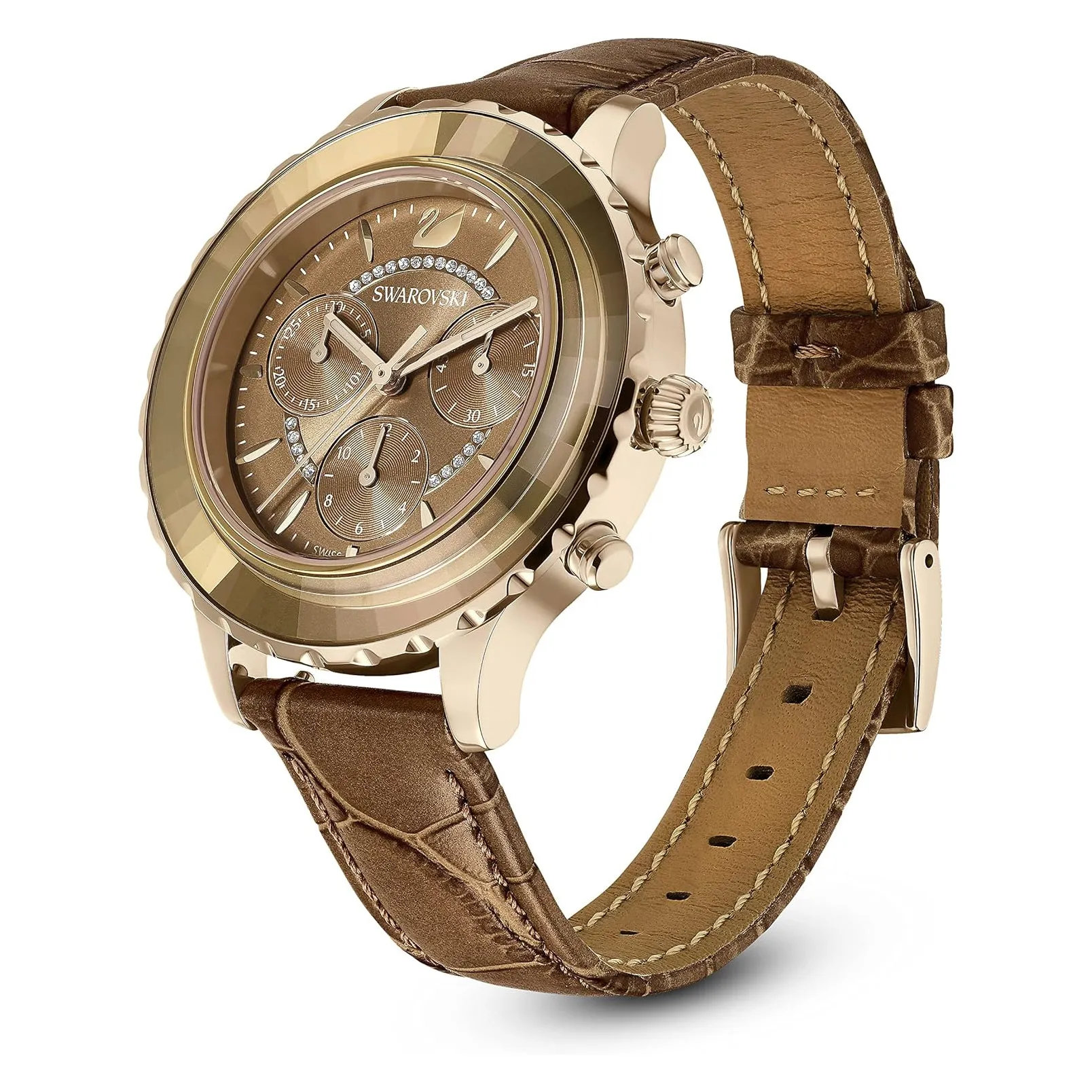 Swarovski Women's Brown Dial Leather Band Octea Lux Crystal Chronograph Swiss Quartz Watch - 5632260
