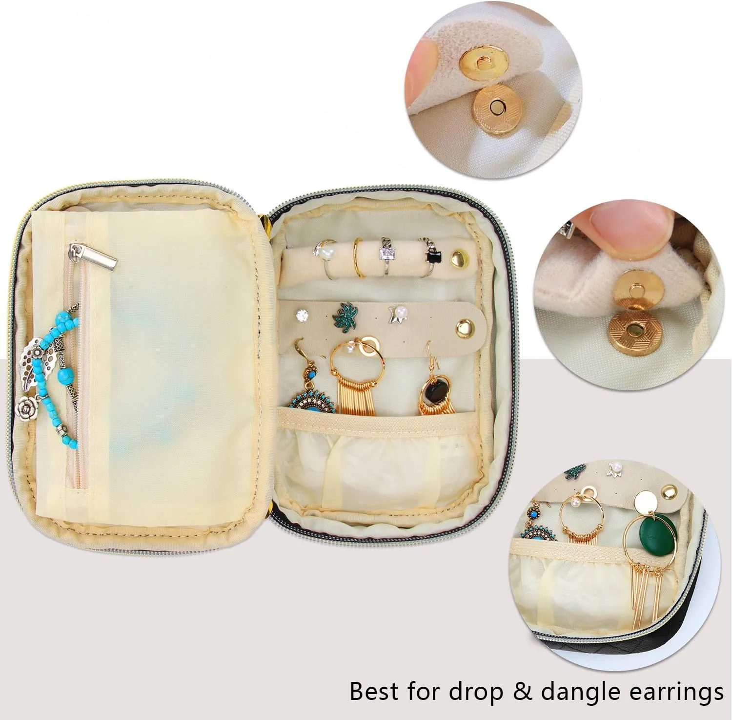 Teamoy Small Jewelry Travel Case, Portable Jewelry Organizer Bag for Earrings, Necklace, Rings and More (Small, Quilted- Black)