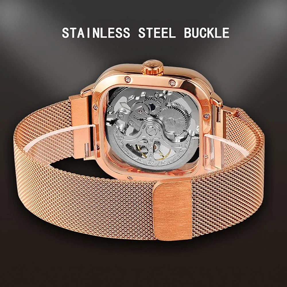 Tiong Fashion Automatic Watches Mechanical Wrist Watch Golden for Mens Skeleton Watches with Stainless Steel Transparent Dial