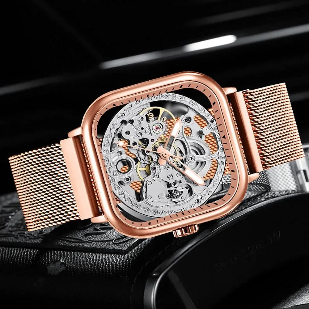 Tiong Fashion Automatic Watches Mechanical Wrist Watch Golden for Mens Skeleton Watches with Stainless Steel Transparent Dial