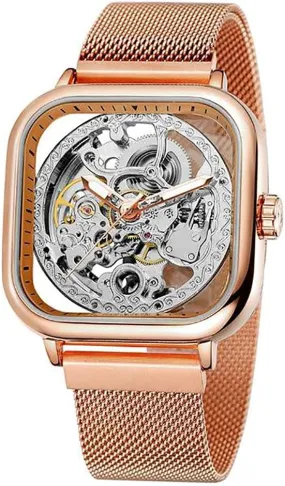 Tiong Fashion Automatic Watches Mechanical Wrist Watch Golden for Mens Skeleton Watches with Stainless Steel Transparent Dial