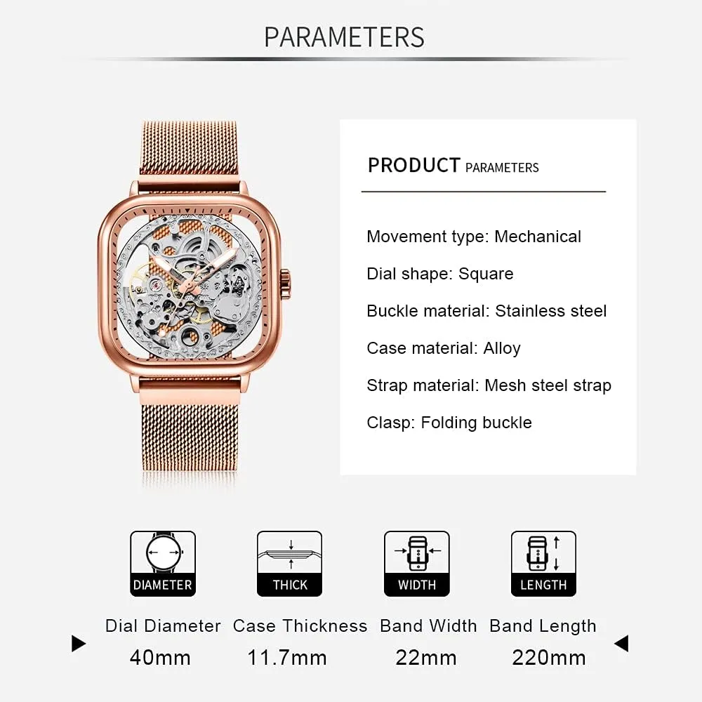 Tiong Fashion Automatic Watches Mechanical Wrist Watch Golden for Mens Skeleton Watches with Stainless Steel Transparent Dial