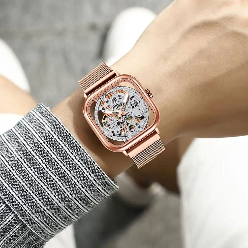 Tiong Fashion Automatic Watches Mechanical Wrist Watch Golden for Mens Skeleton Watches with Stainless Steel Transparent Dial