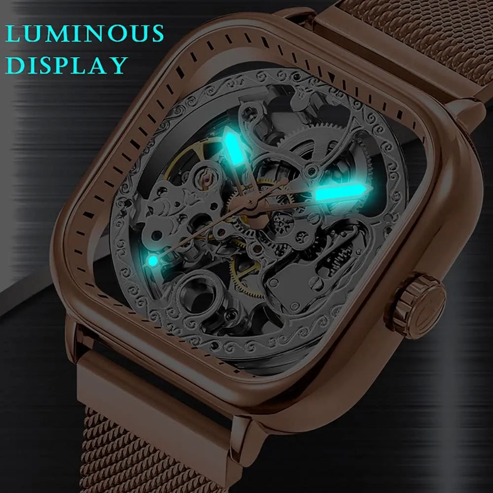 Tiong Fashion Automatic Watches Mechanical Wrist Watch Golden for Mens Skeleton Watches with Stainless Steel Transparent Dial