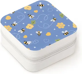 Travel Jewelry Case Organizer - Cartoon Bees Jewelry Box with Mirror, PU Leather Jewelry Storage Holder for Rings Earrings Pendants Necklaces, Gifts for Girls Women