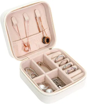 Travel Jewelry Case Portable PU Leather Mini Jewelry Travel Case Small Jewelry Box for Earring Necklace Women Little Girls Kids Gift - White