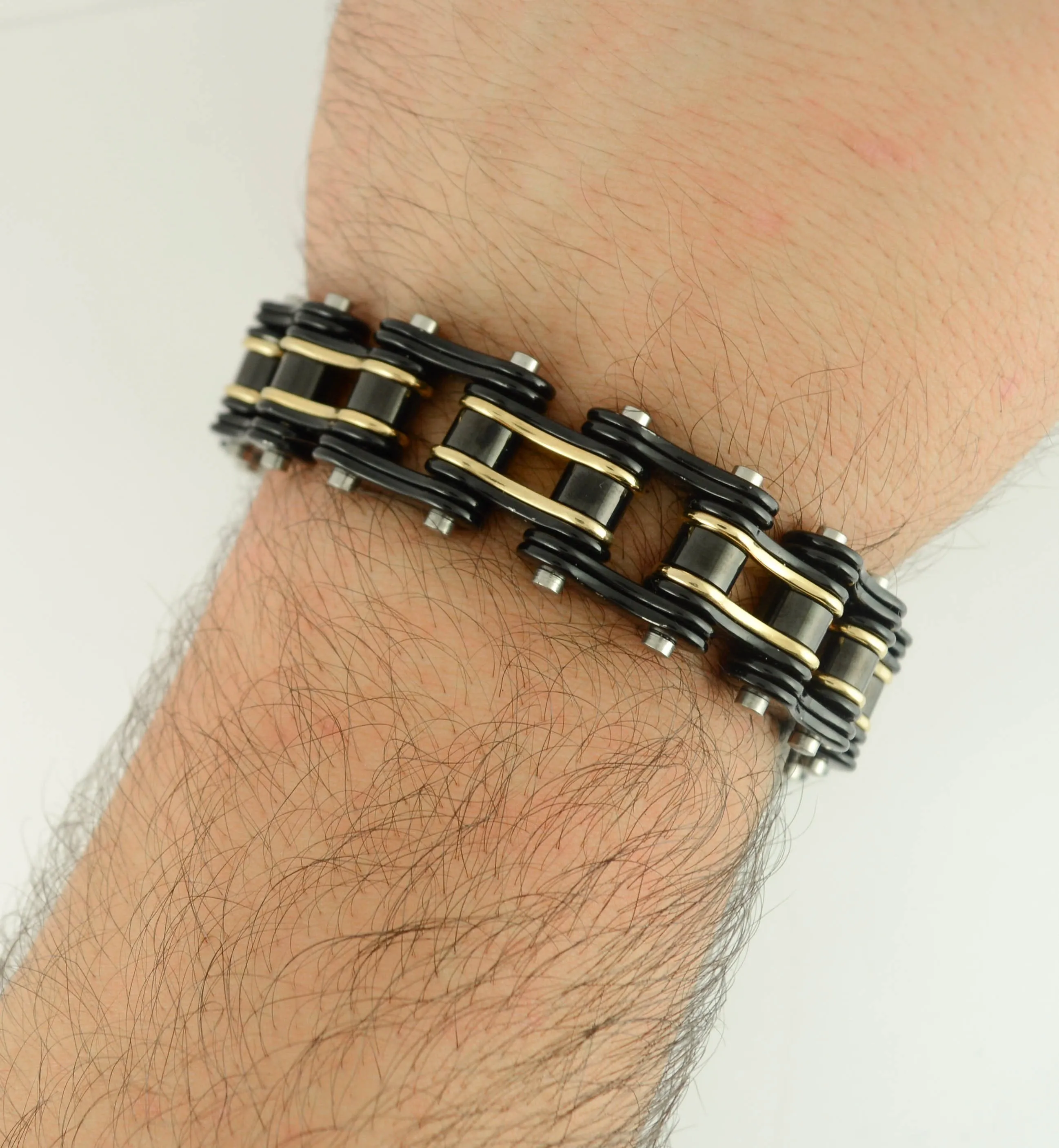 Two Tone Black Gold 3/4" Wide Double Link DesignUnisex Stainless Steel Motorcycle Chain Bracelet