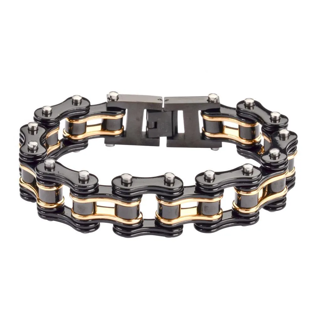 Two Tone Black Gold 3/4" Wide Double Link DesignUnisex Stainless Steel Motorcycle Chain Bracelet