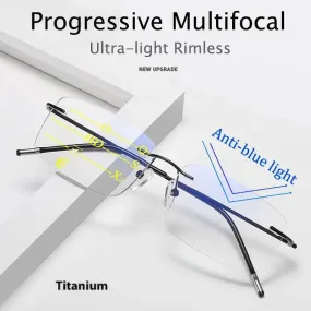 Ultra-light Anti-blue light Progressive Multifocal Memory Titanium Rimless Reading Glasses
