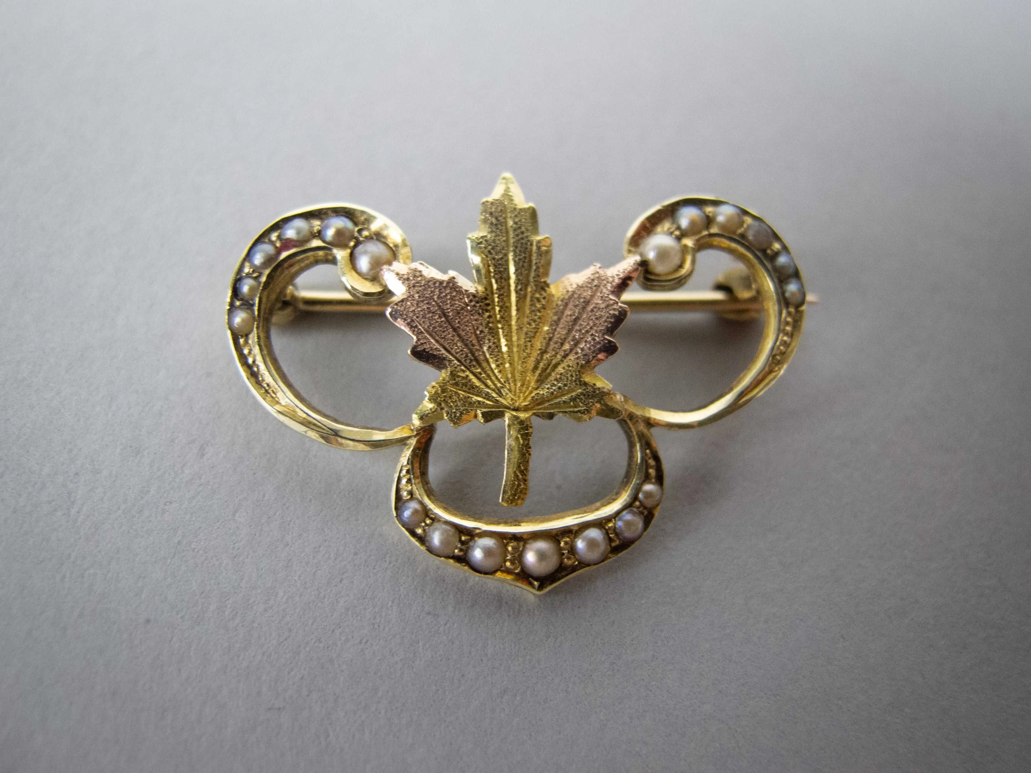 Vintage 14 Carat Gold and Seed Pearl Maple Leaf Brooch