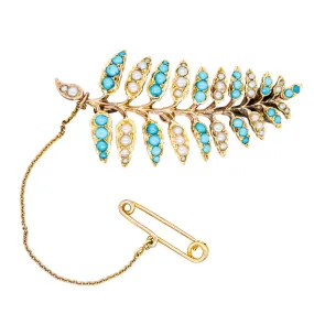 Vintage 15ct Gold Turquoise & Pearl Fern Brooch
