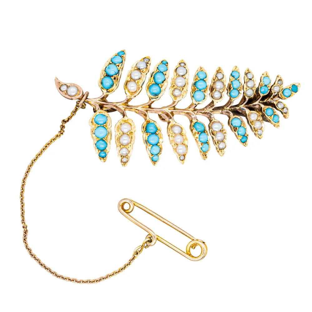 Vintage 15ct Gold Turquoise & Pearl Fern Brooch