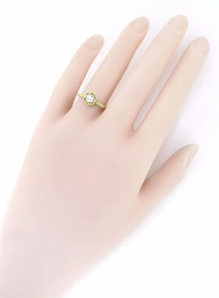 Vintage Engraved 1/3 Carat Art Deco Hexagonal Filigree Diamond Engagement Ring in 14K Yellow Gold