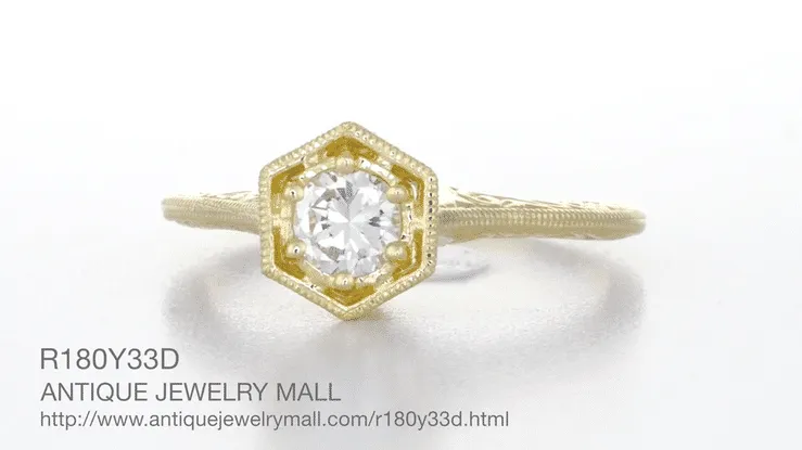 Vintage Engraved 1/3 Carat Art Deco Hexagonal Filigree Diamond Engagement Ring in 14K Yellow Gold