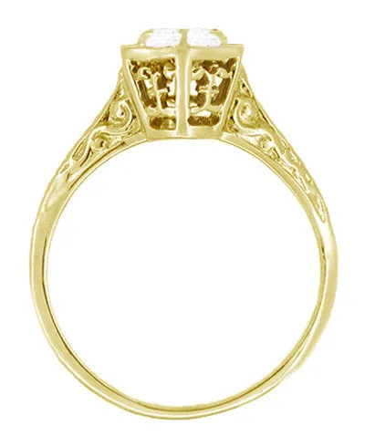 Vintage Engraved 1/3 Carat Art Deco Hexagonal Filigree Diamond Engagement Ring in 14K Yellow Gold