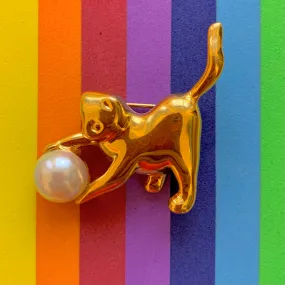 Vintage Sarah Coventry Gold Pearl Cat Brooch