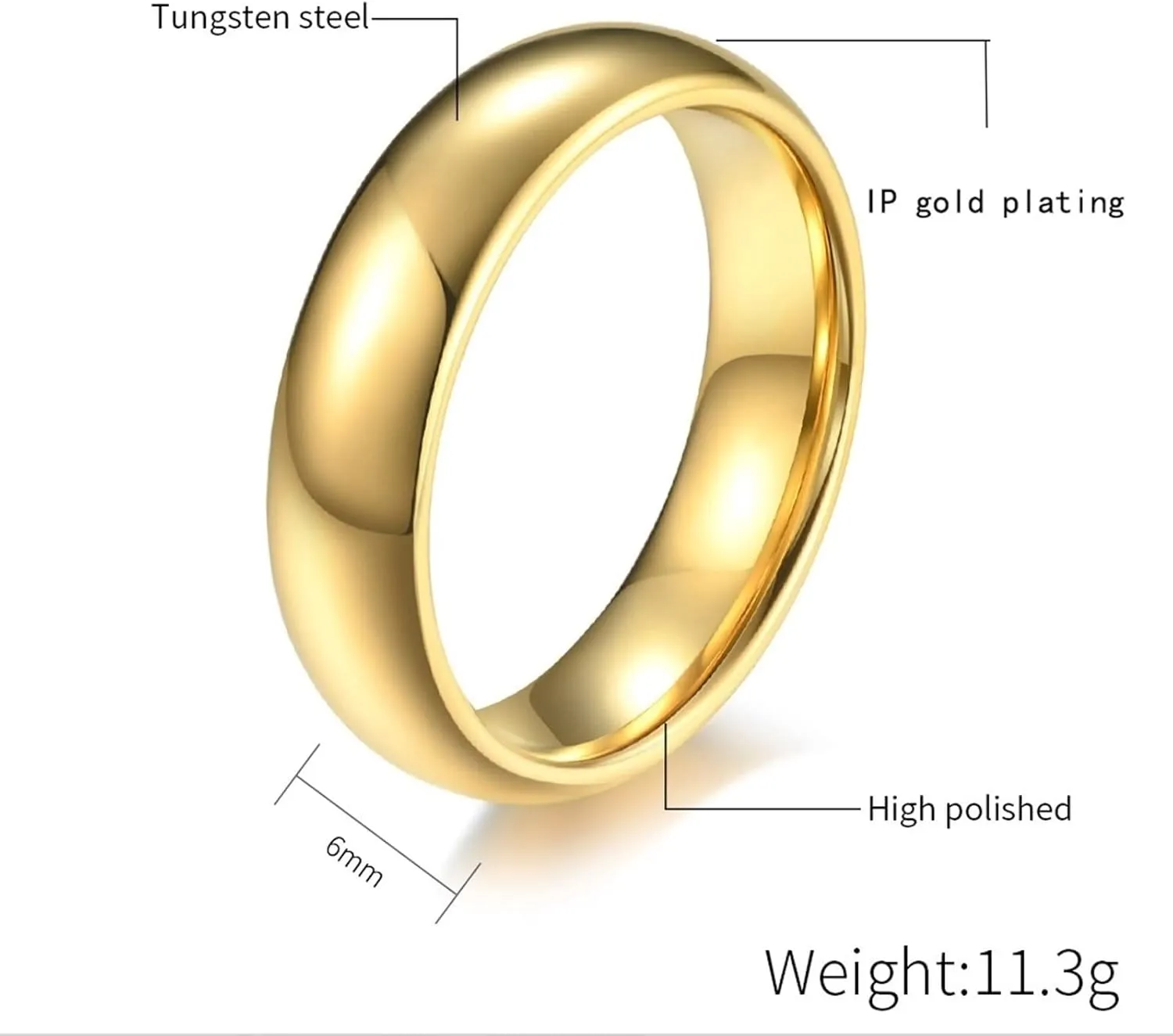 Wedding Engagement Rings, Men's Fashion Rings Gold Polished Ring 6mm Tungsten Carbide