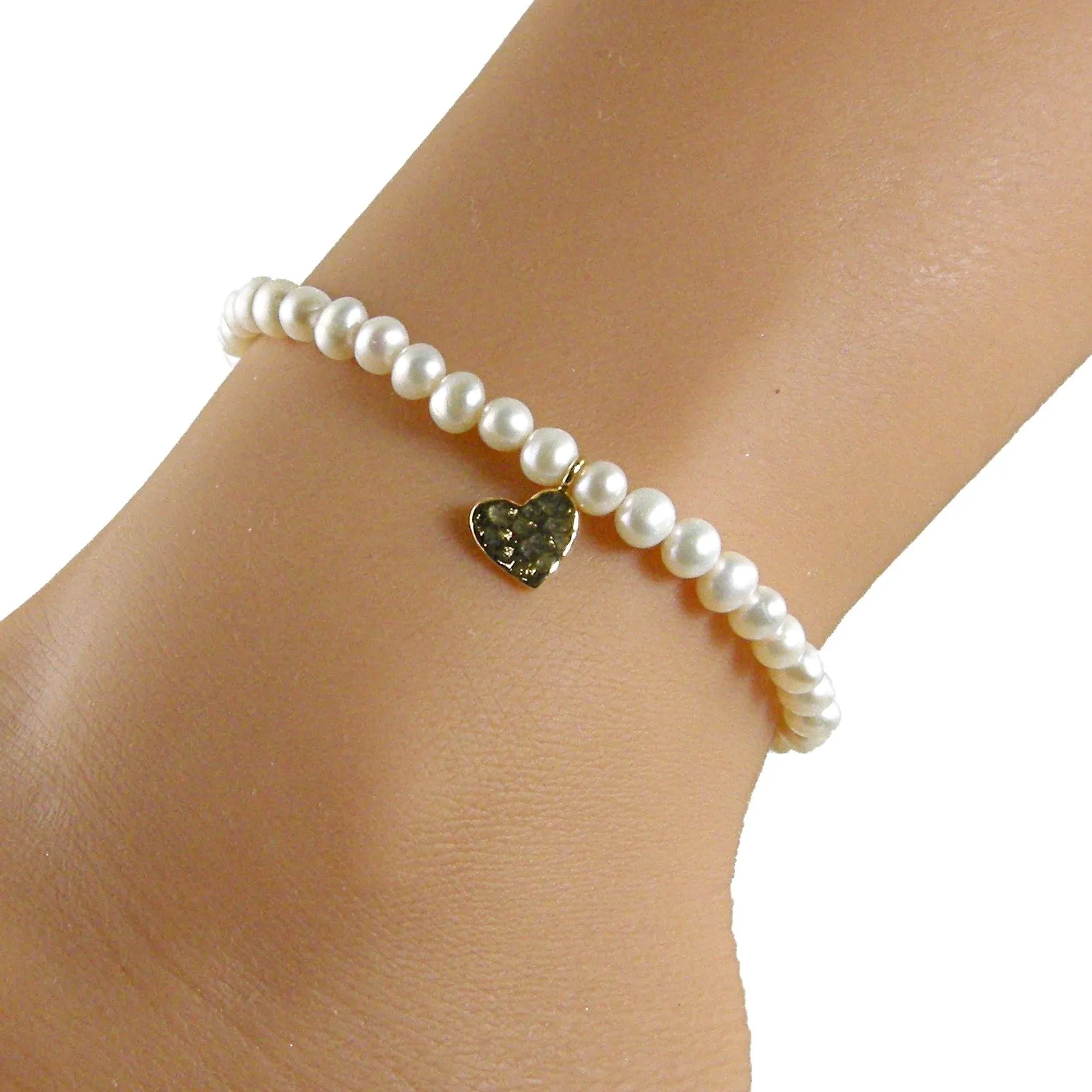 White Pearl Gold Heart Anklet, Pearl Ankle Bracelet