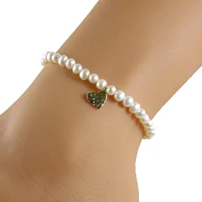 White Pearl Gold Heart Anklet, Pearl Ankle Bracelet