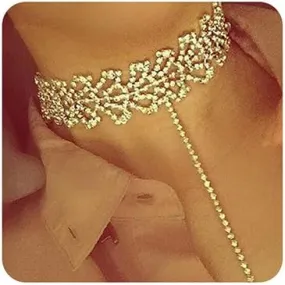 Wiwpar Sparkly Rhinestone Choker Necklace Adjustable Collar Necklaces Chokers Long Choker Necklaces Chains for Women (Gold)