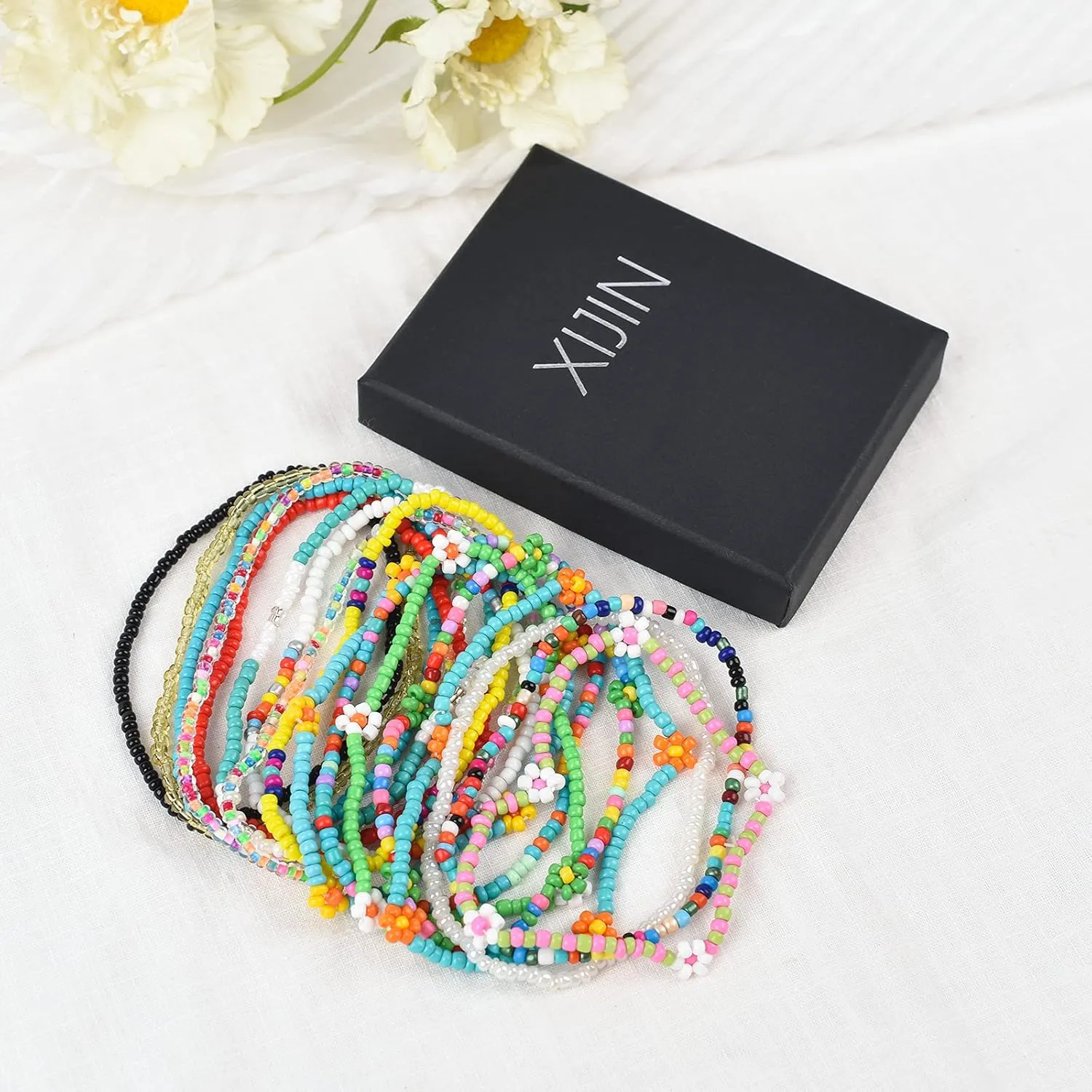 XIJIN 18 Pieces Elastic Beaded Anklets for Women Handmade Beach Boho Colorful Beads Ankle Bracelets Set