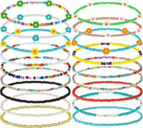 XIJIN 18 Pieces Elastic Beaded Anklets for Women Handmade Beach Boho Colorful Beads Ankle Bracelets Set