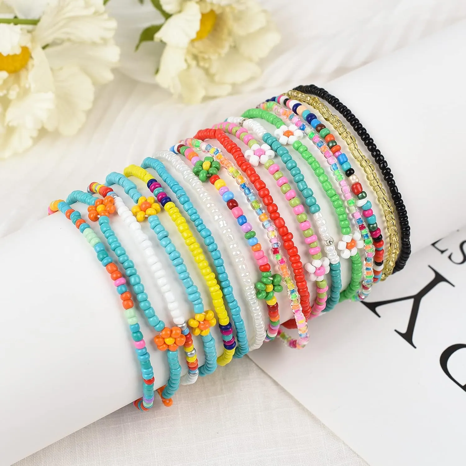 XIJIN 18 Pieces Elastic Beaded Anklets for Women Handmade Beach Boho Colorful Beads Ankle Bracelets Set