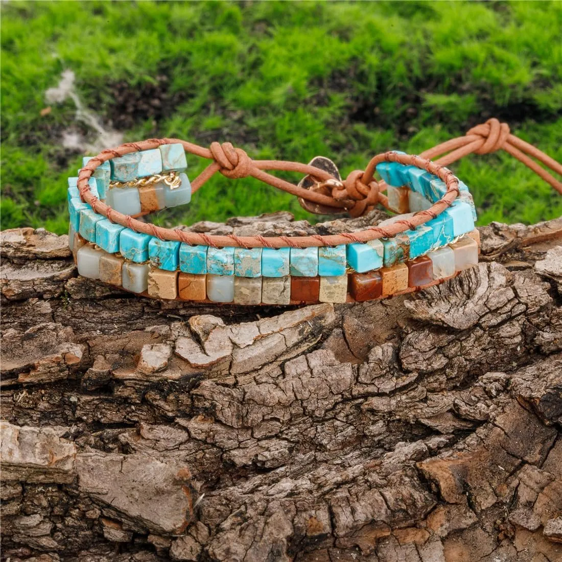 YGLINE Boho Handmade Natural Stone Wrap Bracelets Crystal Beads Bracelet Jewelry (Agalmatolite cube)