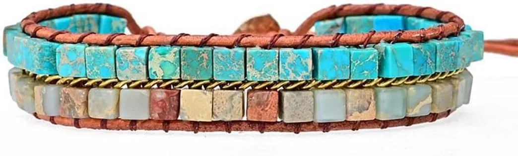 YGLINE Boho Handmade Natural Stone Wrap Bracelets Crystal Beads Bracelet Jewelry (Agalmatolite cube)